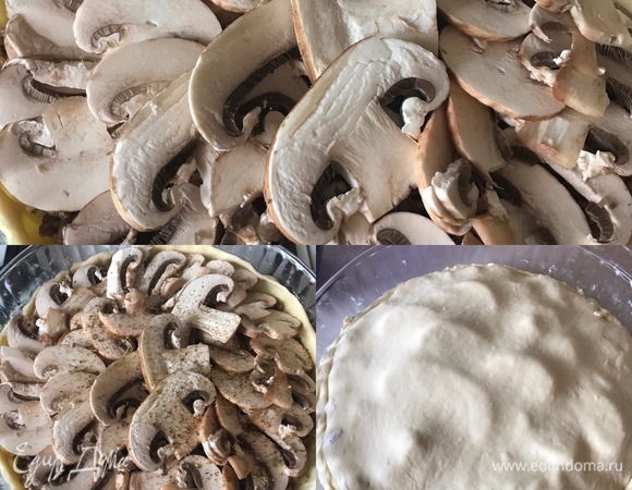 Сверху украсить грибами, слегка посыпать сванской солью и черным перцем. Так же раскатываем вторую часть теста, накрываем начинку и защипываем края.