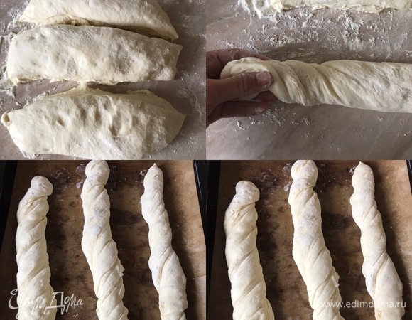 Спустя 40 минут тесто разделить на три части, каждый кусочек прокрутить и слегка растянуть, переложить на противень, накрыть и оставить еще на 15 минут. За это время нагреть духовку до 250°C.