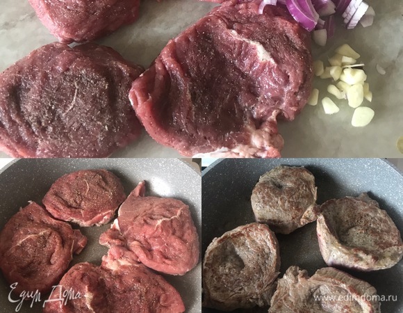 Кусочки мяса натереть солью, перцем и чесночным порошком. Лук и чеснок крупно нарезать. Сковороду с толстым дном хорошо разогреть, добавить 1 ст. л. масла и слегка обжарить мясо с обеих сторон. Переложить мясо на тарелку и накрыть фольгой.