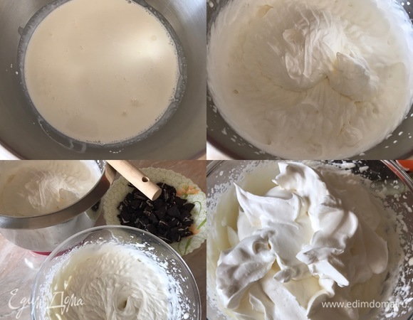 Затем взбиваем сливки до пиков. Добавляем взбитые сливки в сливочный сыр и аккуратно перемешиваем спатулой снизу вверх.