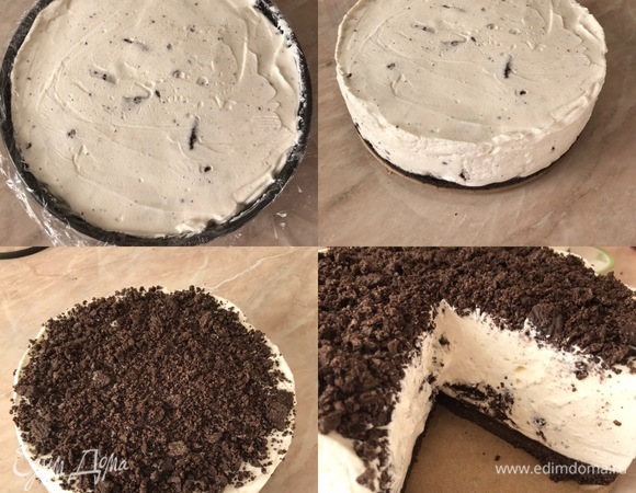 Спустя указанное время измельчить печенье в не очень мелкую крошку и украсить чизкейк.