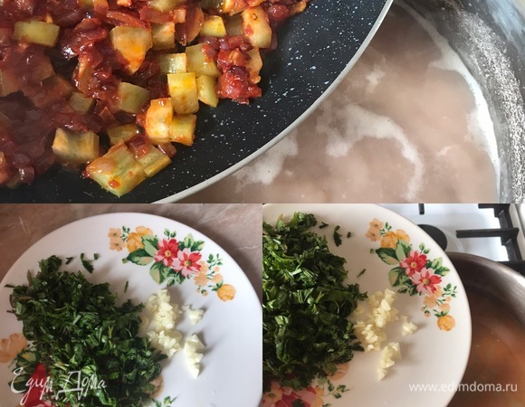 Добавить овощи к фасоли и варить 5 минут. Зелень и оставшийся чеснок нарезать. Спустя 5 минут добавить зелень и чеснок к фасоли и варить еще 2–3 минутки.