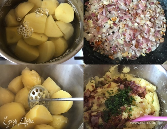 Начинка. Картофель отварить в подсоленной воде. Лук и чеснок потушить. Готовый картофель размять, добавить жареный лук, укроп и перемешать.
