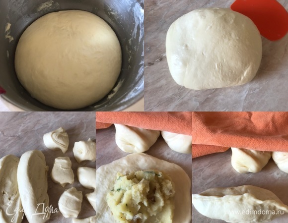 Тесто достать из миски, слегка обмять и разделить на кусочки. Тесто очень нежное, совсем не липнет к рукам, и с ним очень приятно работать. Из каждого кусочка сформировать лепешку, положить начинку и сформировать пирожок. Из этого количества теста у меня получилось 20 штук.