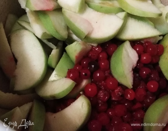 Калину вымыть. Отделить от веточек. У яблок удалить сердцевину, нарезать пластинами. Залить водой. Довести до кипения. Варить 10 минут.