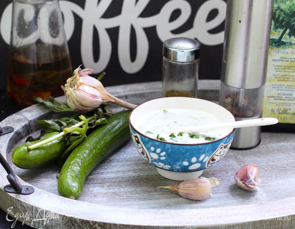 Соус. Листья мяты (по желанию) или петрушку порубить. У огурца удалить семена, натереть его на мелкой терке, максимально отжать сок. Чеснок выдавить через давилку. Смешать чеснок, огурец, соль и рубленую зелень с йогуртом. Охладить.