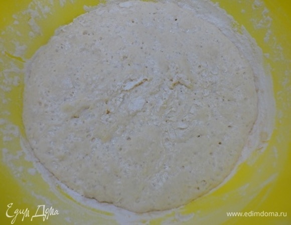 Тесто готовим опарным способом. Смешиваем для этого все компоненты, припудриваем мукой и накрываем полотенцем. Оставляем примерно на 1,5–2 часа. Опара должна увеличится и начать опадать — тогда она готова.