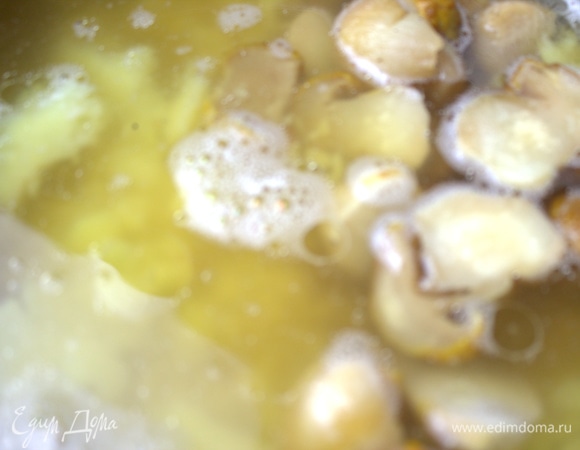 Перенести в бульон. Можно использовать сухие грибы.