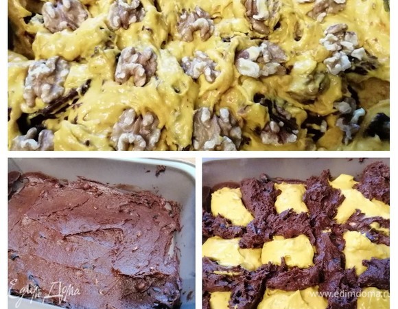 Половину шоколадного теста распределить по форме (форма квадратная, 23×23; или, как у меня, прямоугольная, 26×19). Естественно, форму надо смазать маслом и посыпать мукой или выложить пергаментной бумагой. Тыквенное тесто выложить в шахматном порядке с остальным тестом брауни. Используя нож, смешайте оба теста друг с другом, чтобы создать красивую мраморность.