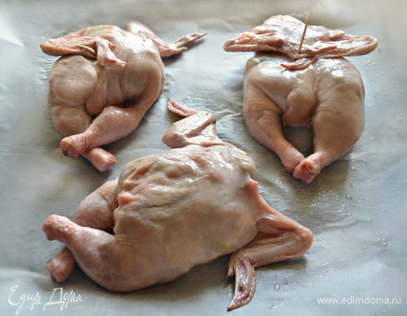 Уложите рябчиков швом вниз на смазанную растительным маслом бумагу для выпечки. Сверху слегка промассируйте их растительным маслом. Поставьте противень в разогретую до 180°C духовку на 15–25 минут (в зависимости от размера птичек).