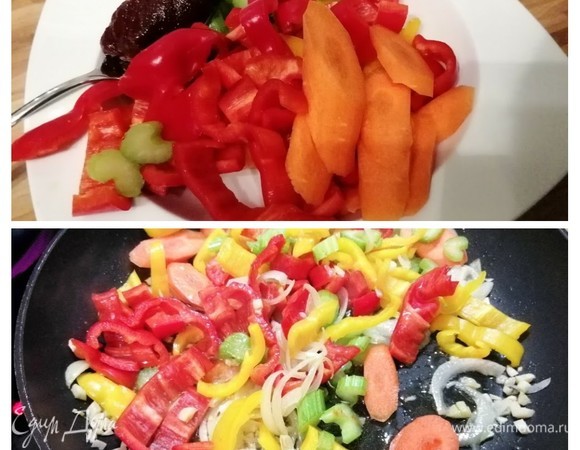 Добавить произвольно нарезанные овощи, потушить минуты 3–4.