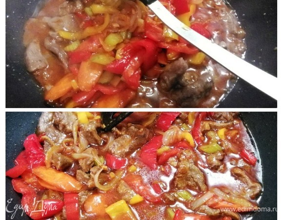 Влить соевый соус и немного воды. Выложить к овощам мясо и все перемешать. Попробуйте на вкус, возможно, вам захочется добавить соль, перец или сахар. Может, чуть воды или, наоборот, немного загустить соус разбавленным в воде крахмалом.