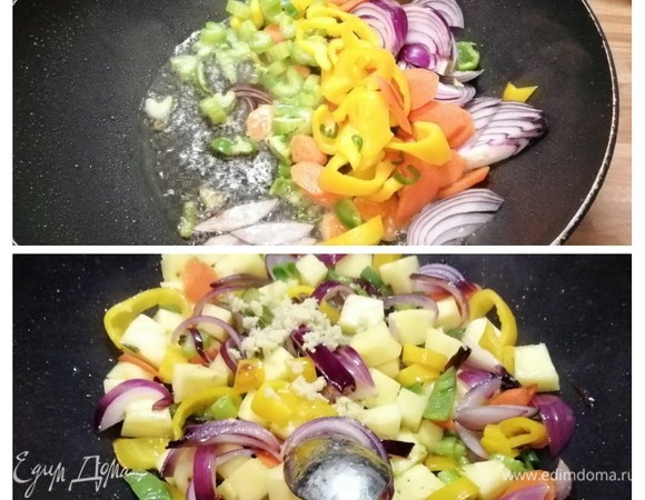 После того как все кусочки мяса будут обжарены, удалите лишнее масло и на этой же сковороде обжарьте сельдерей, морковь и лук в течение 2 минут, помешивая. Добавьте кусочки перца и жарьте еще 2 минуты, затем добавьте ананас и натертые чеснок и имбирь. Жарьте еще 1 минуту.