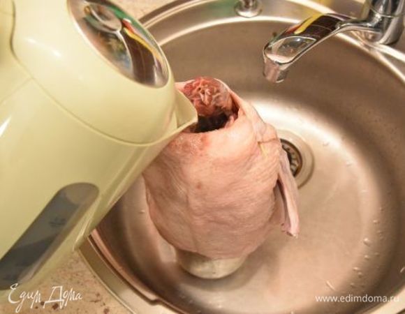 Следующий этап — лифтинг. Утку установить в глубокой емкости и облить 1,5 литрами кипящей воды. После этой процедуры кожа птицы натянется и посветлеет.