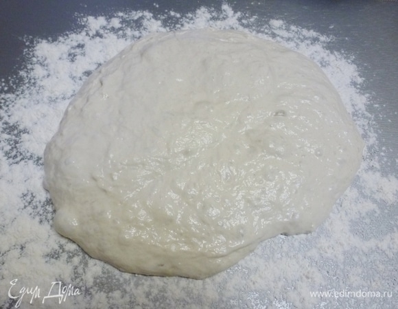 На следующий день щедро  припылить рабочую поверхность мукой и аккуратно, помогая лопаткой, выложить тесто. Старайтесь, чтобы тесто, которое было снизу в миске, оказалось сверху.