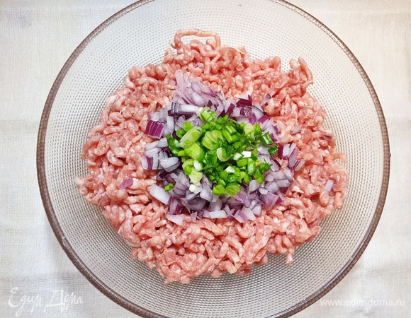 Для начинки я взяла домашний фарш из телятины. Добавьте в фарш репчатый и зеленый лук, соль, перец, приправы по вкусу. Перемешайте фарш.