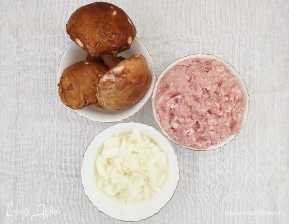 Для начинки подготовим куриный фарш, репчатый лук, разморозим белые грибы.