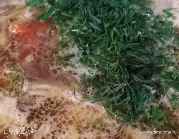 Доливаем воды до изначального объема. Засыпаем нарезанный укроп. Доводим до кипения. Кипятим в течение 1 минуты. Выключаем.