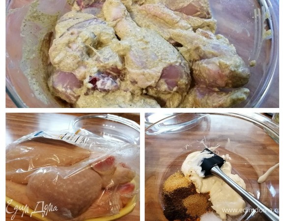 Смешать специи с йогуртом. Тушку курицы разделить на порционные кусочки и выложить в маринад. Перемешать. Мариновать не менее 4 часов.