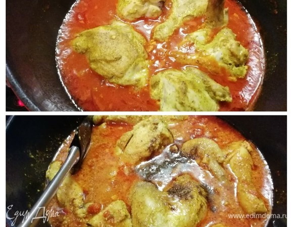 Выложить в соус запеченную курицу вместе с соком, образовавшимся при запекании, перемешать, посыпать гарам-масалой (если необходимо, по вкусу), добавить соль и сахар по вкусу, готовить еще 10 минут.