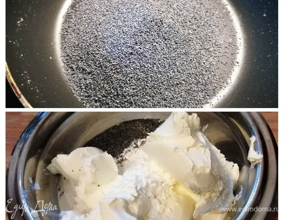 Время приготовить творожный слой. Для этого сначала нужно на сухой сковороде обжарить мак в течение 1 минуты, охладить. Выложить творог в глубокую посуду. Добавить сахарный песок, ванильный экстракт, крахмал, сливки (пониженной жирности, можно заменить на цельное молоко) и мак. Взбить миксером массу до однородной консистенции. Творог следует брать кремообразный, если творог крупинчатый, его нужно протереть через сито. У меня в семье есть кое-кто, кто не переносит творог вообще, поэтому я заменила творог на маскарпоне (думаю, что можно использовать и другой сливочный сыр).