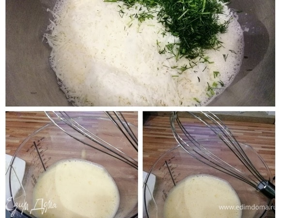 Яйца взбить с сахаром, влить теплое молоко, взбить, влить подсолнечное масло, ещё раз взбить. Всыпать сыр и укроп со шнитт-луком и листиками тимьяна. Размешать аккуратно.