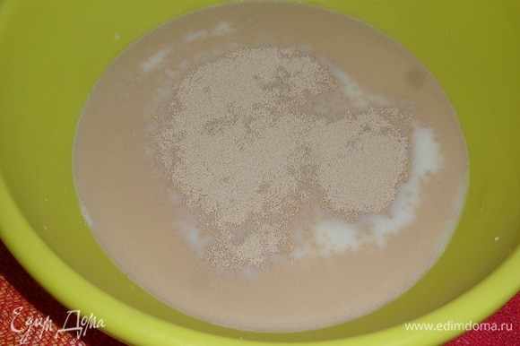 В глубокую чашку наливаем теплое молоко. Добавляем сахар и дрожжи. Перемешиваем и оставляем на 5–10 минут.