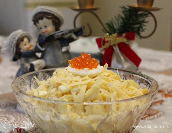 Для украшения я использовала третье куриное яйцо и капельку красной икры. Если имеется укроп, то можно украсить им. Все зависит от вашей фантазии. Блюдо готово. Приятного аппетита!