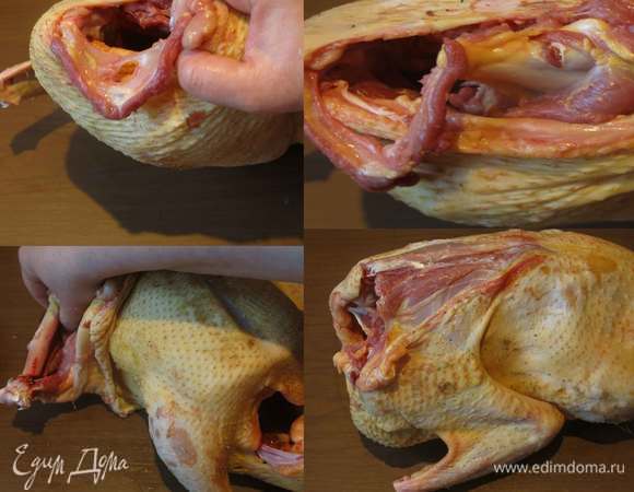 Подготовим продукты. Утку выбираем без повреждений шкуры, аккуратно опаленную, предпочтительно немороженую. Я собиралась готовить гуся, но что-то пошло не так — птица была настолько активно обработана, что шкурка на хребте и лапах прикипела к костям, плюс гусь покупался заранее, был приморожен, не повторите моей ошибки, птичка-гусь, конечно, будет приготовлена иным способом, но для фарширования непригодна. Постараюсь описать разделку птицы, в рецепте «Осеннего галантина» разрез делался по грудке — так аккуратнее сохраняется грудка, но может порваться шкурка на хребте. В этот раз основной разрез — по грудке. Итак, отделяем вилочку, прокручиваем крылья, определяем место сочленения с вилочкой и перерезаем. Стягиваем шкуру чулком с крыльев. Делаем разрез по грудке. Можно сперва чуть подрезать грудку, потом проработать крылья.