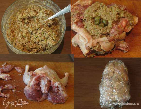 Перемешиваем фарш. Аналогично утке зачищаем от костей перепелку. Вынимаем вилочку, снимаем кожу с лап и крыльев, вынимаем остов, только мясо оставляем на шкуре. Начиняем перепелку фаршем, внутрь кладем каперсы — 1–2 чайные ложки, перепелка с "пряными яйцами". Заворачиваем птицу в пленку и подмораживаем для сохранения формы.