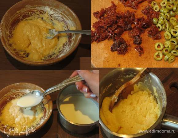 Готовим заправку и компоненты начинки. Смешиваем яйцо и муку, нагреваем сливки, вливаем 1 ложку в мучную смесь, перемешиваем и кладем смесь в сливки, перемешиваем и ставим нагреваться до загустения. Даем остыть. Пока нагреваются сливки, а потом остывает смесь, нарезаем помидоры вяленые, оливки, язык отварной. Фисташки заливаем кипятком, очищаем (в рецепте вес фисташек с оболочкой, чистый — грамм 20–25).