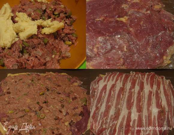 Соединяем фарш (у меня свежеперекрученные говядина и свинина), язык, оливки, кусочки мяса с остова, томаты, загуститель, фисташки. В ступке или с помощью мультиизмельчителя Kenwood перемалываем пажитник и базилик. Перемешиваем тщательно, но быстро. Миску с фаршем, пока готовим, ставим на лед или воду холодную. Все компоненты должны быть холодными. Выкладываем замаринованную шкуру на пленку, солим, перчим, отбиваем филе, выкладываем на шкуру. В этот раз так удачно сняла мясо, и утка была не с толстой, а с вытянутой грудкой (спортсменка), так что мелкие филешки остались не задействованы. Накрываем утиное мясо пленкой, еще раз отбиваем и прижимаем к шкуре. Солим, перчим. Снимаем пленку, выкладываем тонкий слой фарша. На фарш — грудинку.