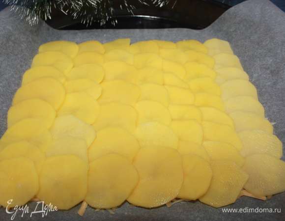 Сверху ровными рядами вплотную друг к другу кладем круглые тонкие ломтики сырого картофеля.