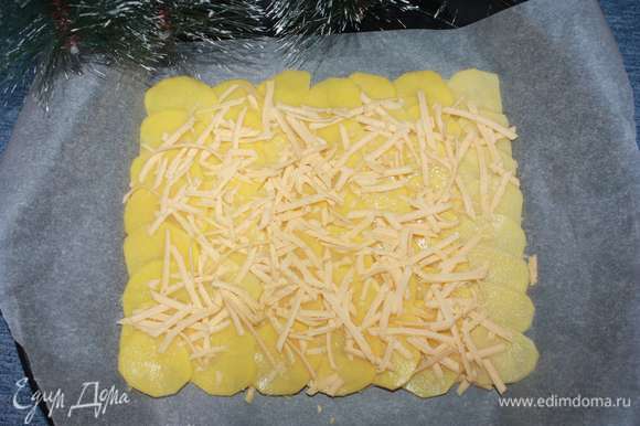 Посыпаем картофель солью и сверху кладем слой сыра (60 г твердого сыра предварительно натереть на крупной терке). Ставим противень в духовку на 30 минут при 180°C.
