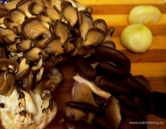 Грибы вымыть, обсушить и нарезать пластинами. Нарезать лук перьями или кубиками.