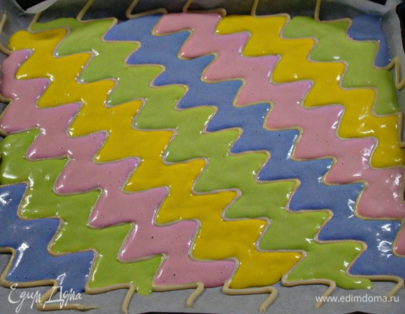 Достав охлажденное тесто №1, аккуратно заполнить пустоты цветным тестом и поставить в разогретую до 170°C духовку минут на 15. Готовый бисквит накрыть пекарской бумагой и досточкой, аккуратно перевернуть. Снять пекарскую бумагу, не повреждая рисунок. Оставить до полного остывания. Затем из бисквита вырезать две части (большую и поменьше) согласно размерам формы для кекса.