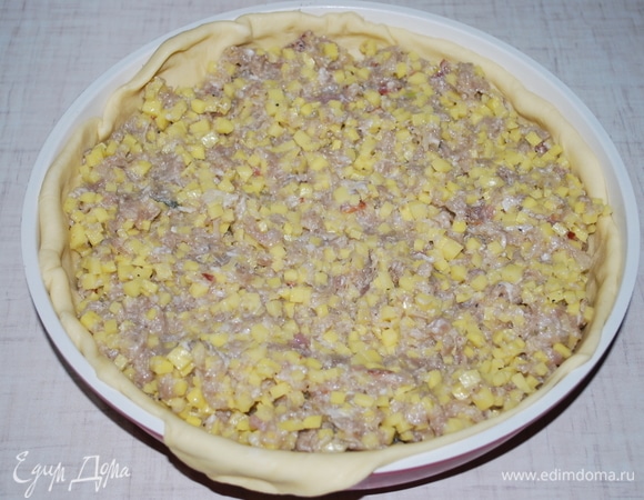 Форму, где будете запекать пирог, смажьте растительным маслом. Раскатайте тесто и застелите им форму, выложите начинку.