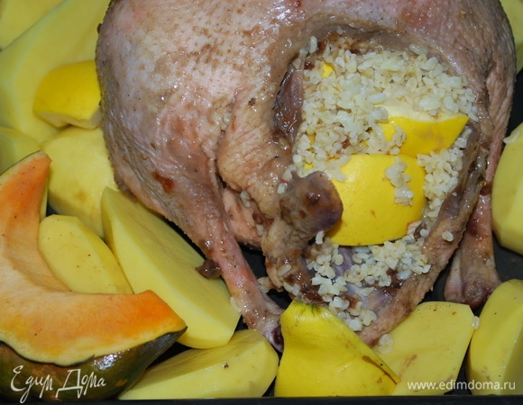 Гуся я начинила отварным булгуром с айвой и веточкой тимьяна. Булгур получился очень вкусным, он пропитался ароматом сливы.