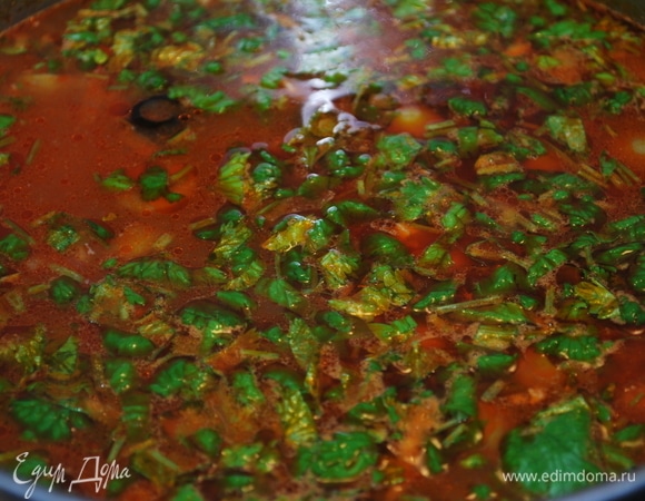 Зелень кинзы нарежьте, добавьте столовую ложку лимонного сока, перемешайте. Солянка готова.