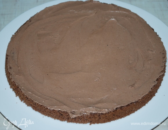 Распределите равномерно крем на два коржа (на верхний корж и бока крем наносить не надо).