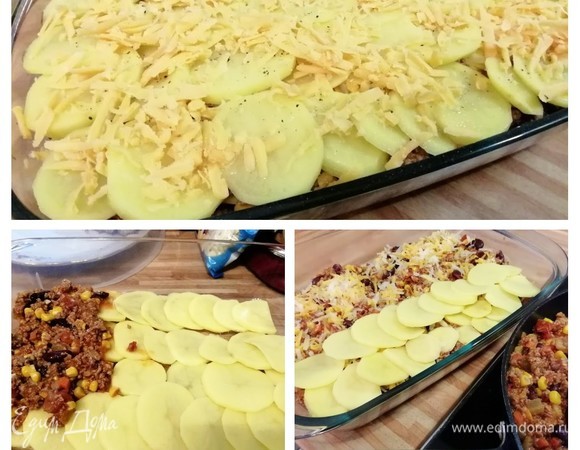 А я продолжаю. Сыр натереть на крупной терке, очистить и вымыть картофель и нарезать его ломтиками толщиной около 1 см. Смазать форму для выпечки (около 2 литров), выложить на дно внахлест примерно 1/3 картофеля. Поверх картофеля выложить 1/2 чили кон карне (предварительно достать корицу, анис и лавровый лист) и посыпать частью сыра. Выложить еще одну треть картофеля, сверху оставшуюся половину чили и сыр. Верхний слой — оставшийся картофель и сыр. Запекать в предварительно разогретой духовке при 175°C в течение примерно 1 часа до готовности картофеля.