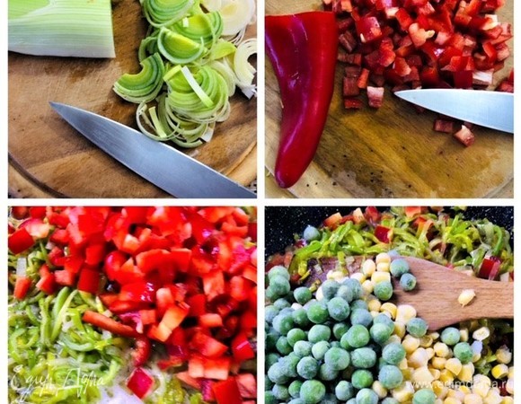 Лук-порей нарезать полукольцами, обжарить на растительном масле. Туда же отправить нарезанный кубиком перец, потушить вместе с луком, добавив немного сливочного масла. Затем в сковороду отправить горошек и кукурузу и также немного потушить. Посолить, поперчить по вкусу. Можно любимых травок добавить. Начинка готова.