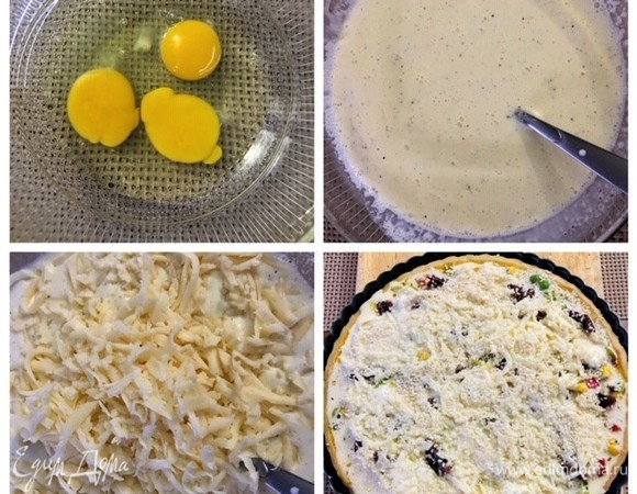 Для заливки взбить яйцо со щепоткой соли и перца, добавить 100 мл сливок, перемешать. Сыр натереть на крупной терке и отправить в яично-сливочную смесь. Количество заливки нужно регулировать по своему вкусу, главное —соблюсти пропорции яйцо-сливки-сыр. Кто-то любит, когда заливки много, кто-то, как я, любит, когда все же преобладает начинка, а не омлет.