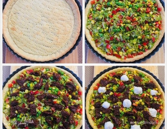 Собираем киш. В основу выкладываем начинку, затем я нарезала вяленые томаты и разбросала по всему кишу. И к томатам мне захотелось добавить творожного сыра. Поэтому я просто скатала несколько шариков и выложила их хаотично. Могла бы больше, да некуда было уже укладывать.