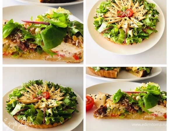 Готовый киш остужаем минут 20–30. Его можно подавать как в теплом, так и в холодном виде. Заливка должна быть пропеченной и не выливаться из готового киша. Если она у вас жидковата, значит, в следующий раз нужно добавить немного времени на выпечку, минут 5–7. Я подавала киш, украсив его готовым салатным миксом и печеньками из остатков теста, а также сверху чуть-чуть сбрызнула оливковым маслом. Получилось оригинально и очень красиво. Можно вообще не украшать и подавать, как есть. Мой зять предпочел есть без всякого салата.