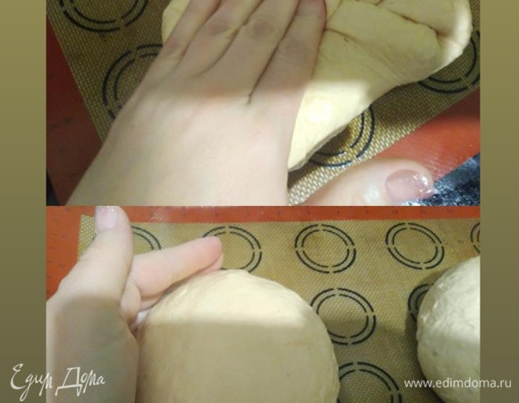 Тесто обмять, разделить на 2 части. Сформировать 2 круглых буханки хлеба. Сначала расплющить кусок, потом сложить к середине с двух сторон. И с противоположных сторон сложить так же. Двумя руками сформировать круглый шар. Оставить на расстойку на 30 минут.