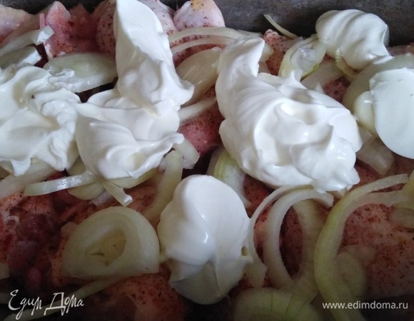 Окорока разрезать на бедро и голень. Половину выложить слоем в посуду, в которой будете готовить. Посолить, посыпать половиной муската, добавить половину нарезанного репчатого лука и половину сметаны. Последнюю разровнять слоем по всей поверхности.