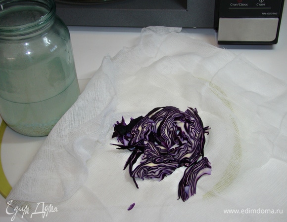 Краснокочанную капусту завернуть в марлю и опустить в емкость с рисом.