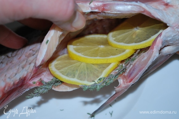 Очистите рыбу от чешуи и выпотрошите. Промойте ее хорошо, затем обсушите салфеткой. Начините брюшко рыбы ломтиками лимона, веточкой тимьяна и розмарина.