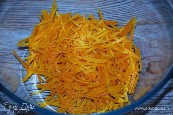 Нарежьте цедру апельсина и лимона тоненькими полосками.